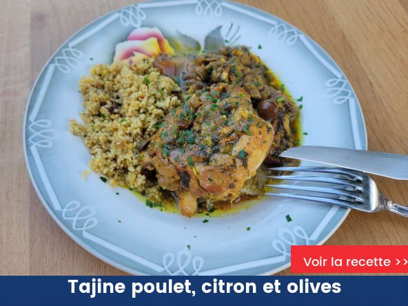 Tajine de poulet au citron confit et olives violettes